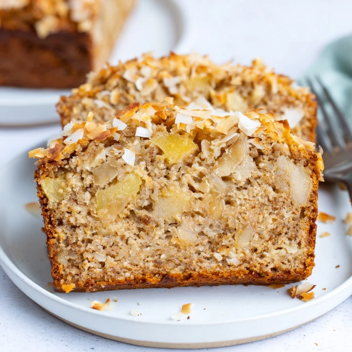 Golden coconut pineapple banana bread loaf with tropical mix-ins sliced on wooden board