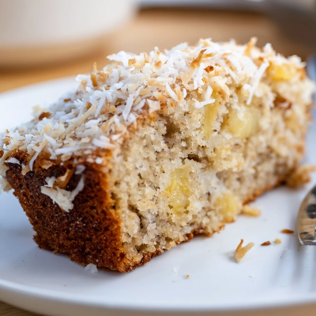Moist coconut pineapple banana bread topped with toasted flakes and served on white plate