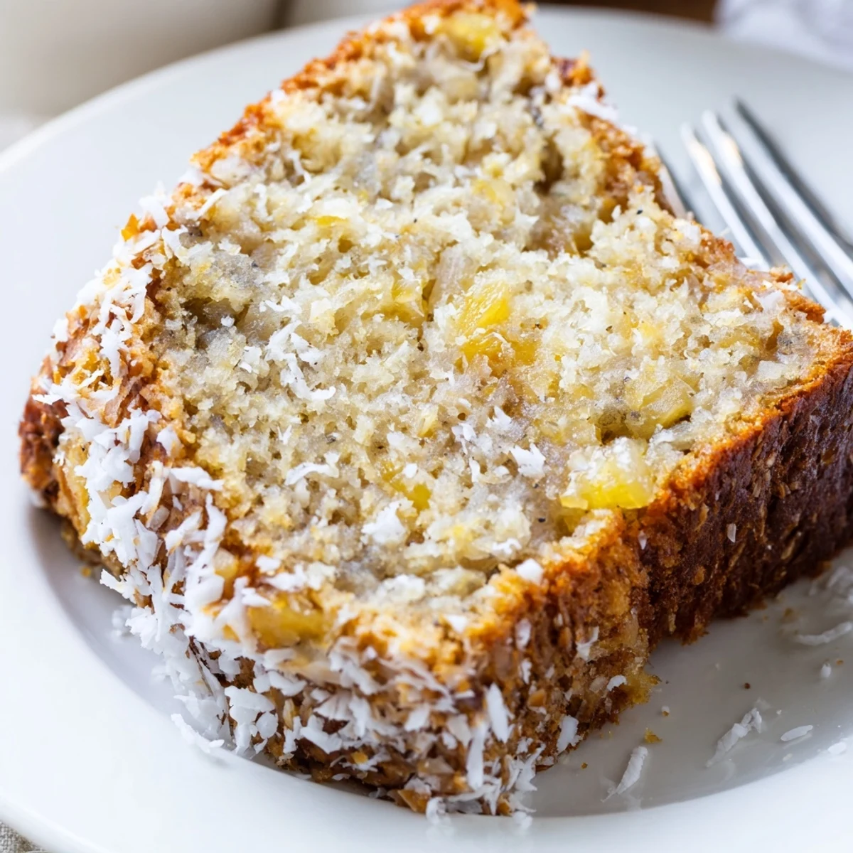 Freshly baked coconut pineapple banana bread with shredded coconut and chopped walnuts cooling on wire rack