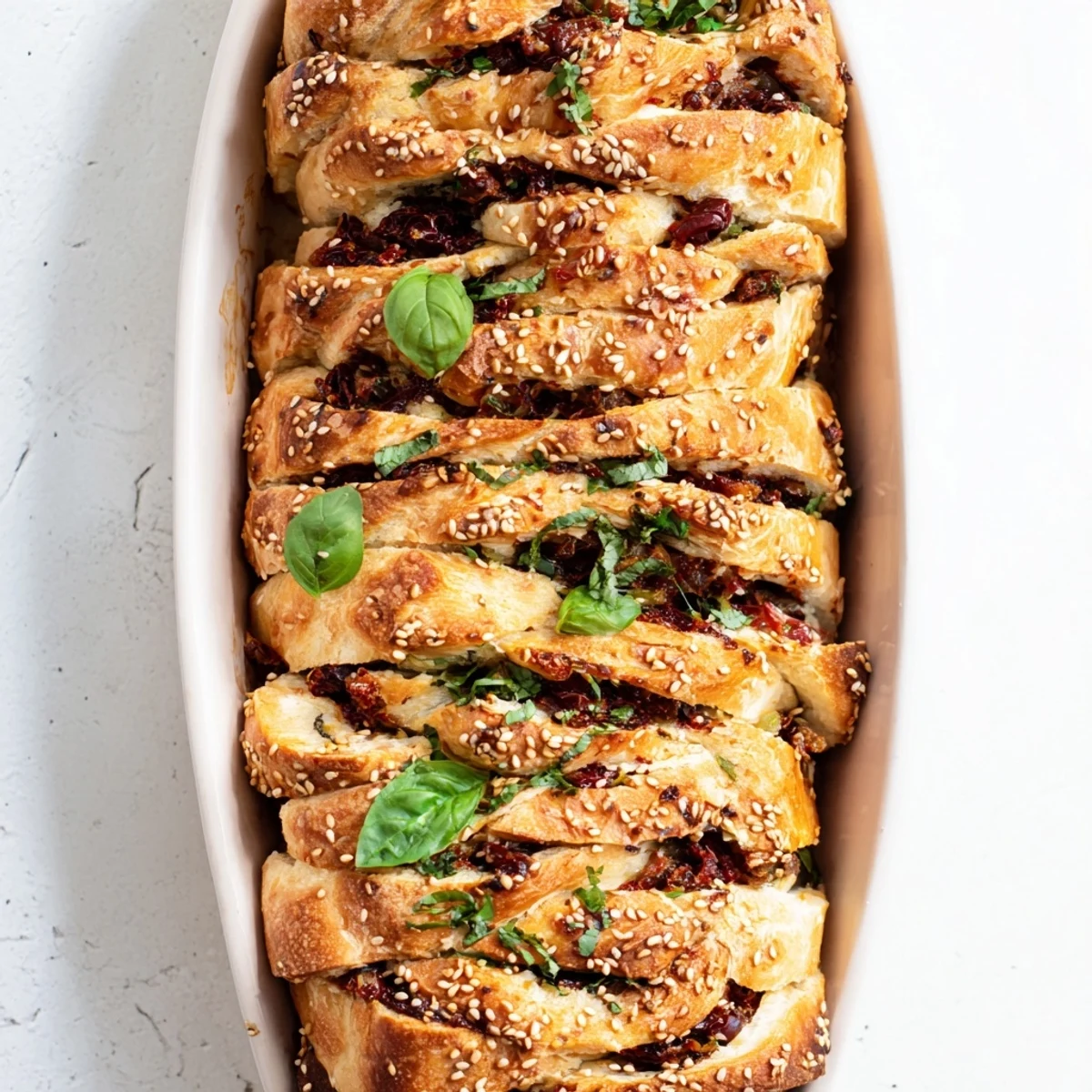 Golden Mediterranean pull-apart bread with layers of sun-dried tomatoes, olives, and feta cheese baked to perfection