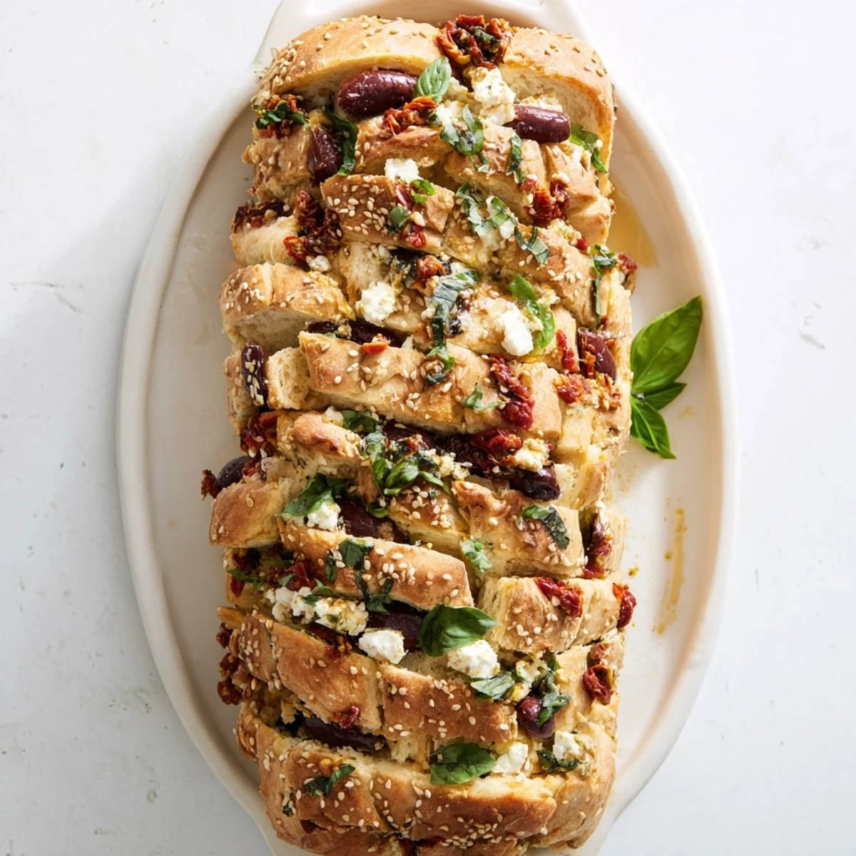 Soft pull-apart bread loaf stuffed with Mediterranean flavors including feta, olives, and fresh herbs ready for sharing