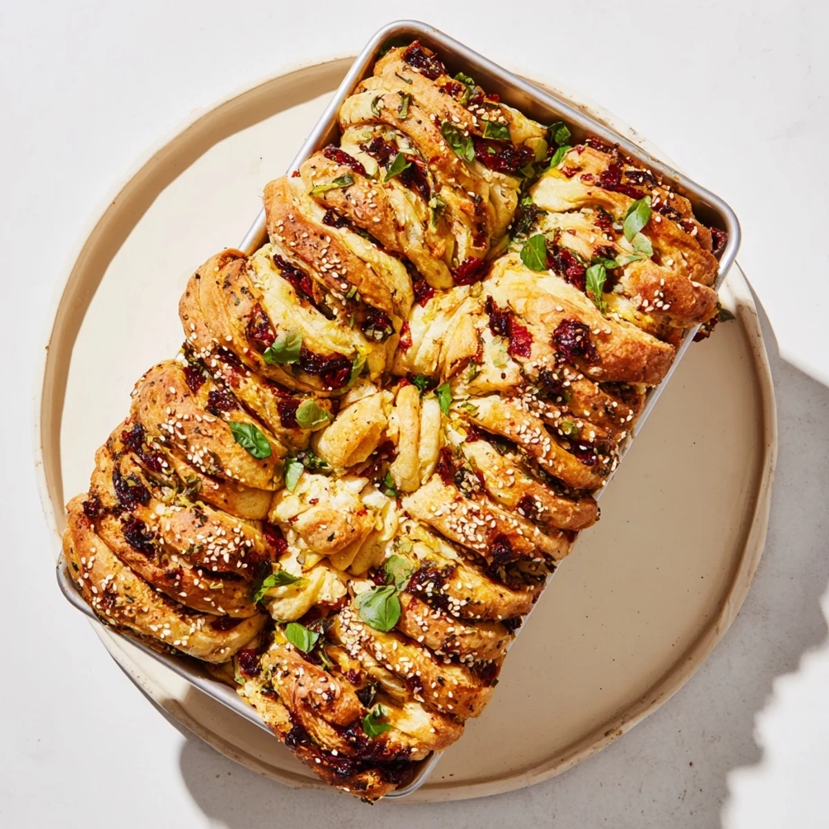 Fluffy golden Mediterranean pull-apart bread featuring layers of sun-dried tomatoes, Kalamata olives, and crumbled feta cheese
