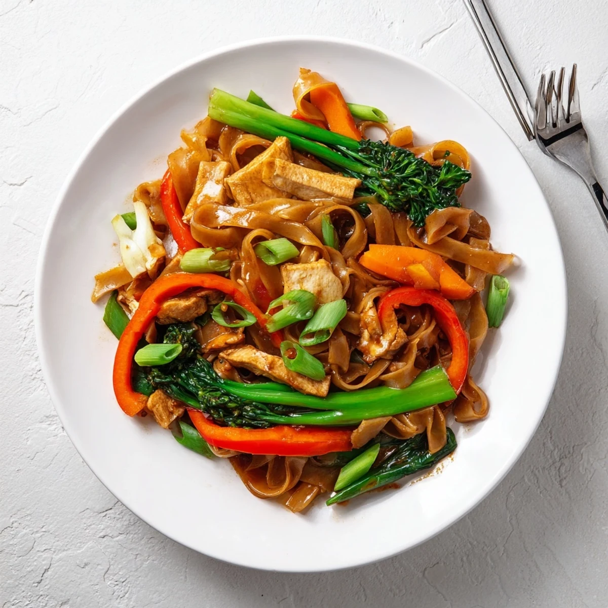 Golden tofu and colorful vegetables tossed in vegan Pad See Ew noodles with umami-rich seasonings
