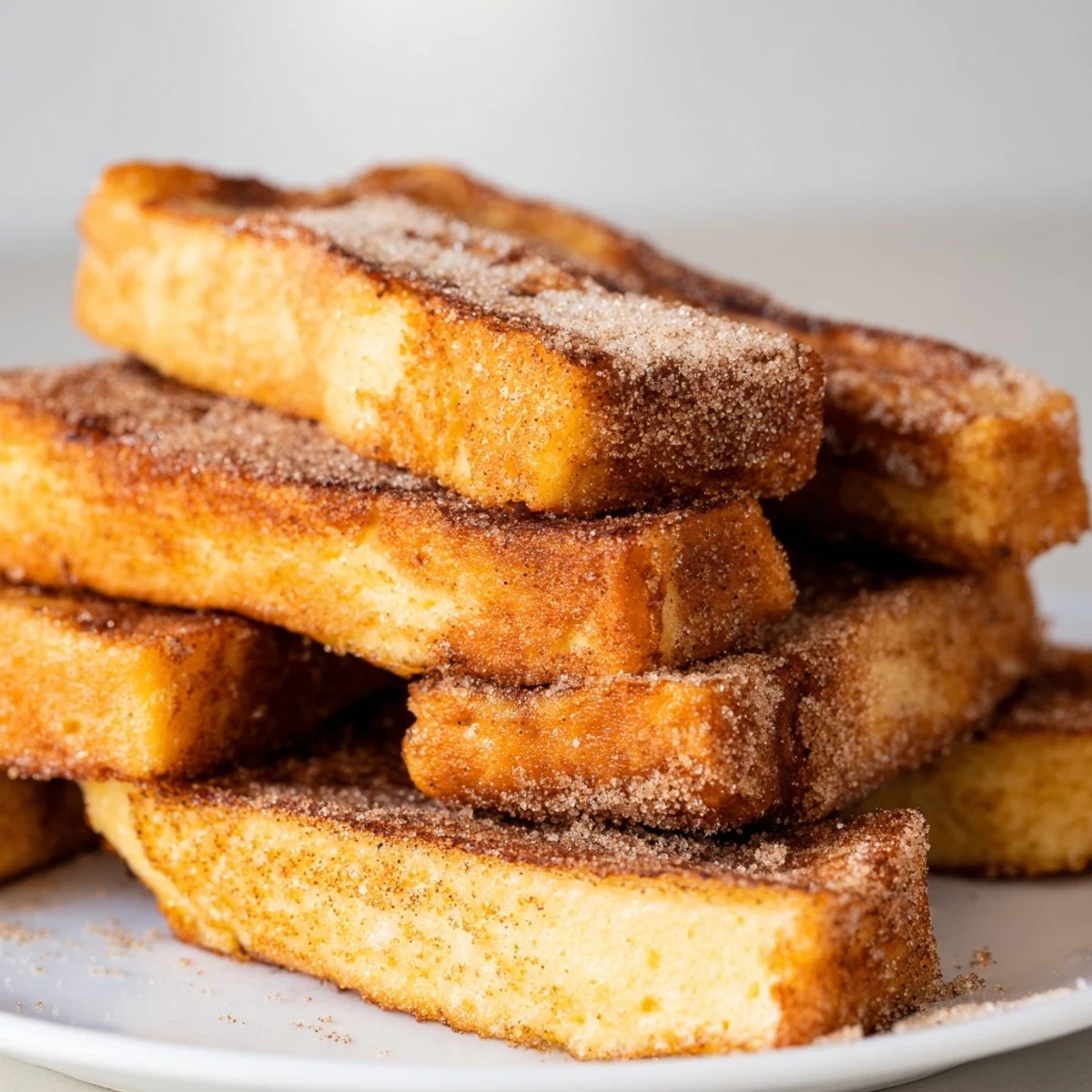 Golden brown cinnamon French toast sticks coated in crispy cinnamon sugar, ready for dipping
