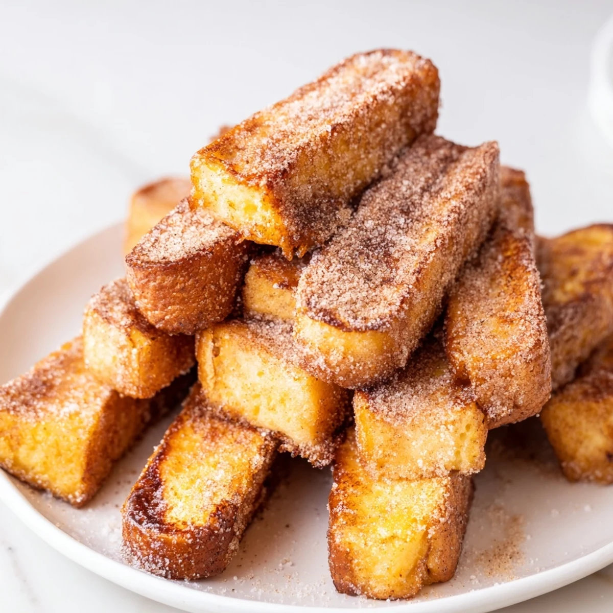 Fluffy cinnamon French toast sticks arranged on a plate with maple syrup dipping sauce