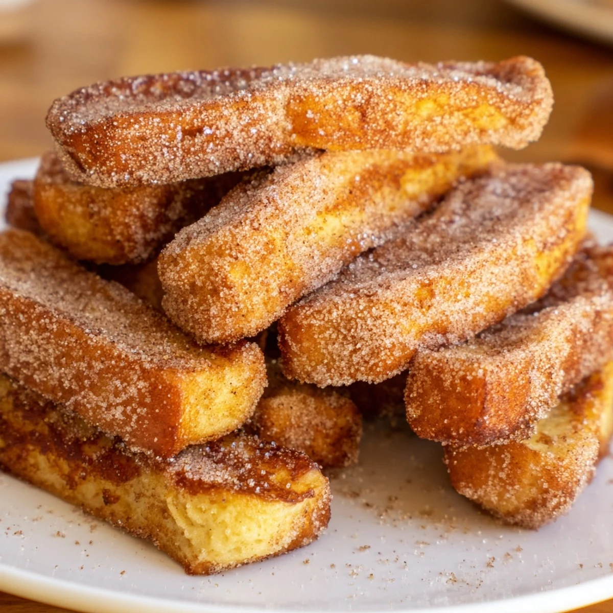Crispy exterior cinnamon French toast sticks sprinkled with cinnamon sugar on a white serving plate