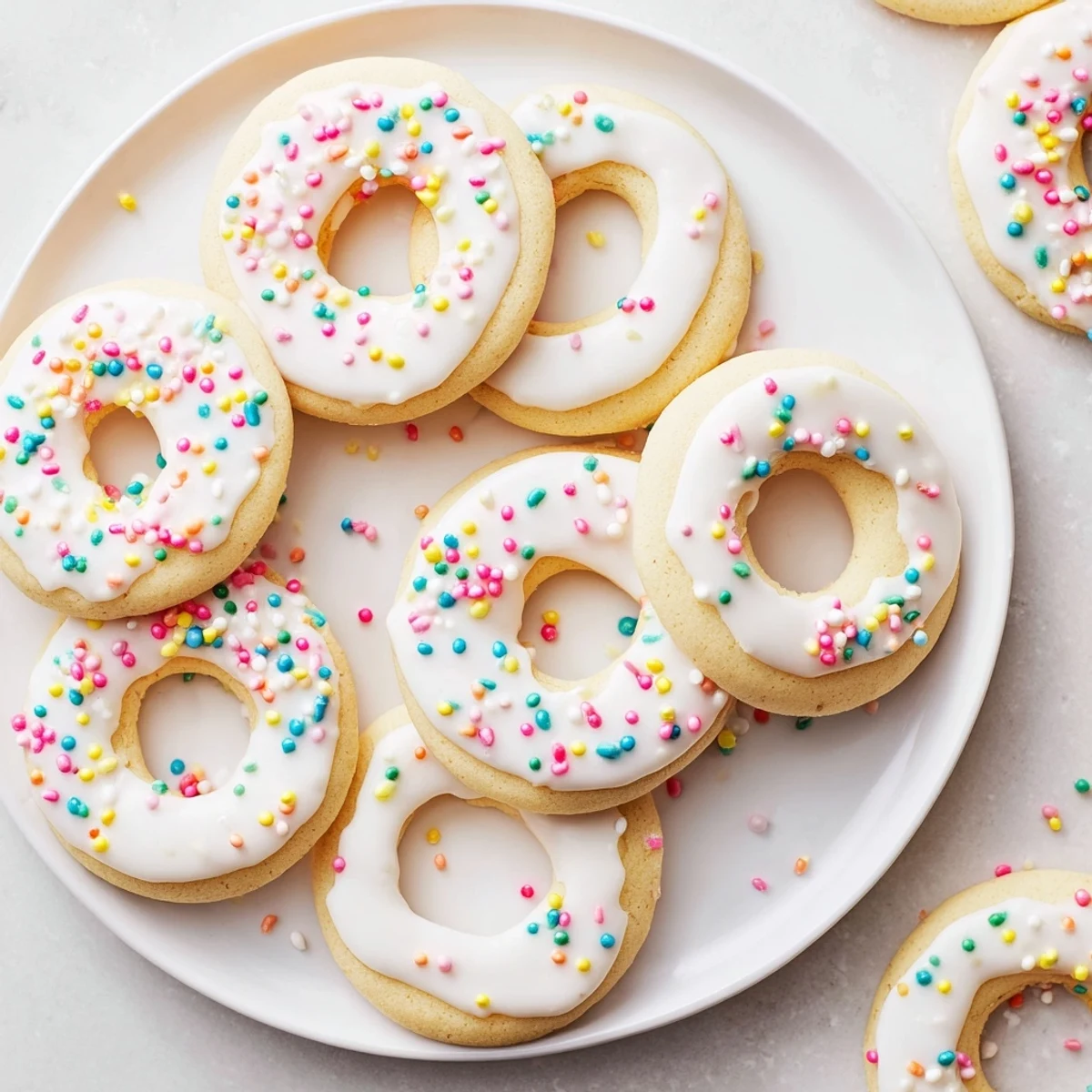Soft Italian Easter cookies topped with white icing and colorful pastel sprinkles on a white plate