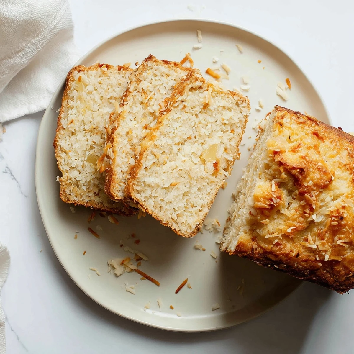 Golden brown pineapple coconut bread loaf sliced on a wooden cutting board with tropical fruit