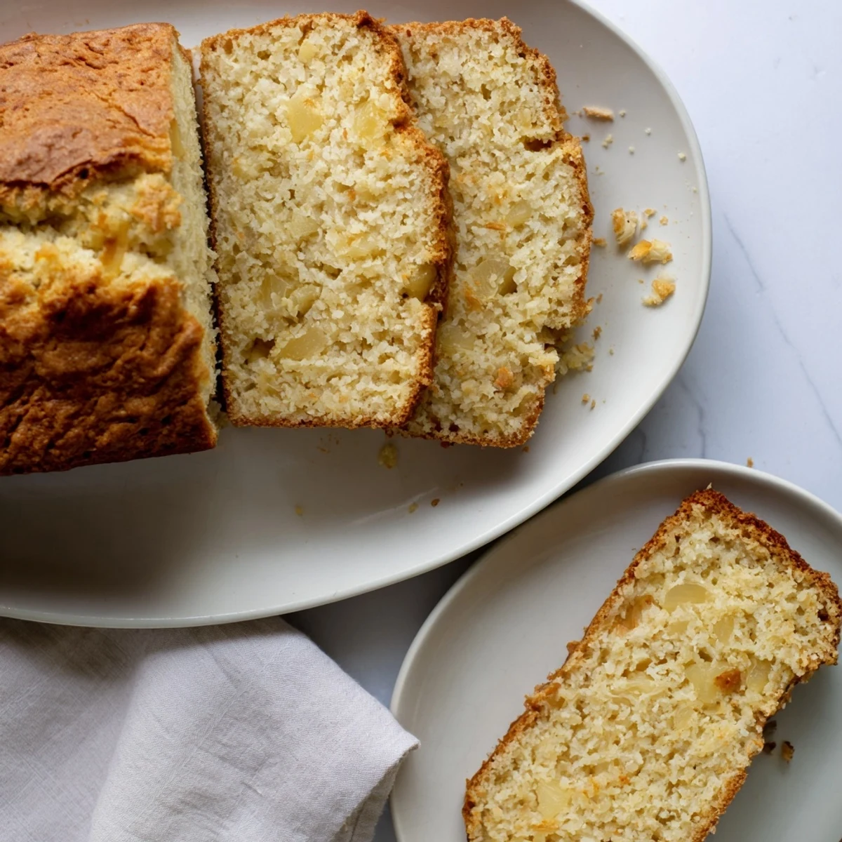 Moist pineapple coconut bread with shredded coconut topping served warm on a white plate