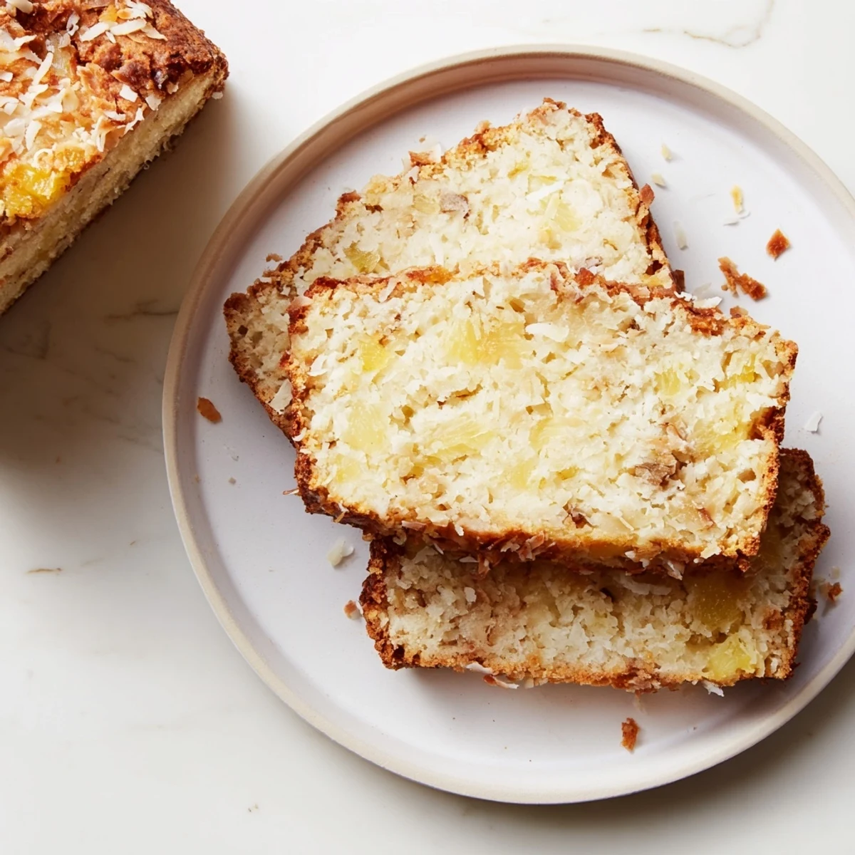 Freshly baked pineapple coconut bread with visible pineapple chunks and toasted coconut garnish