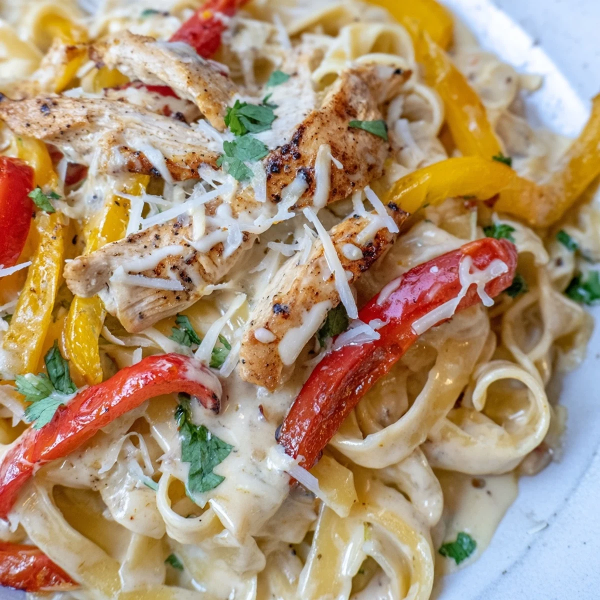 Creamy Southwest chicken Alfredo pasta with sliced chicken breast, colorful peppers, and fresh cilantro garnish