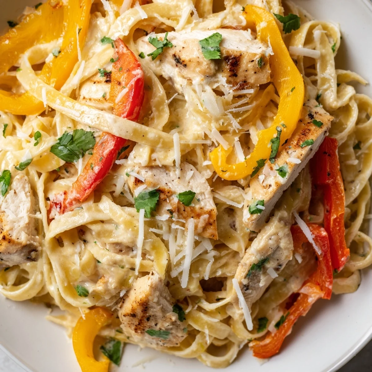 Plate of Southwest chicken Alfredo topped with spiced chicken, bell peppers, red onion, and lime wedges