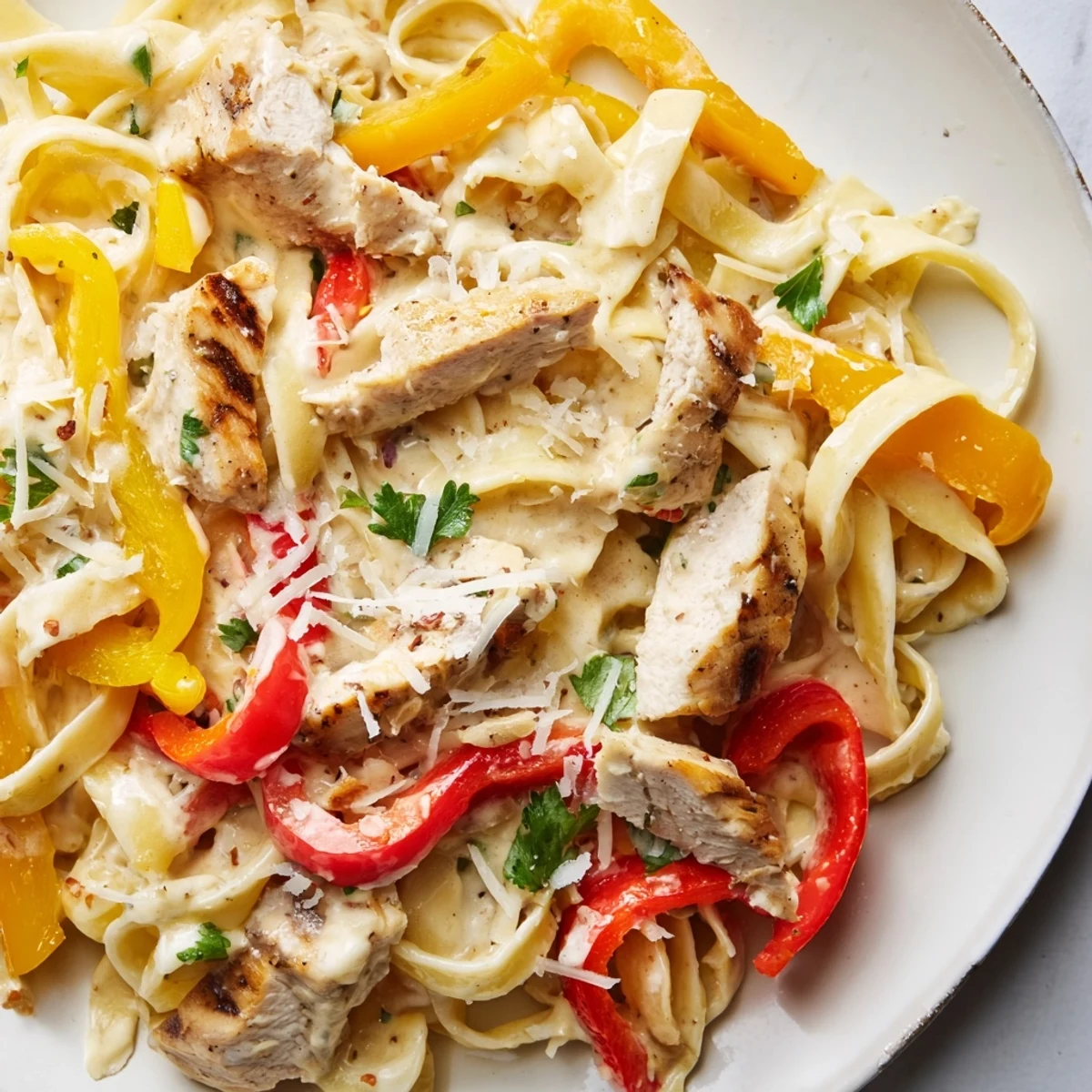 Sizzling Southwest chicken Alfredo featuring seasoned chicken strips, sautéed vegetables, and velvety white cheese sauce