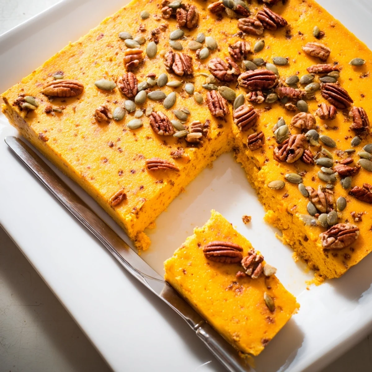 Creamy spiced pumpkin and cottage cheese breakfast bake sliced into squares showing moist protein-rich texture