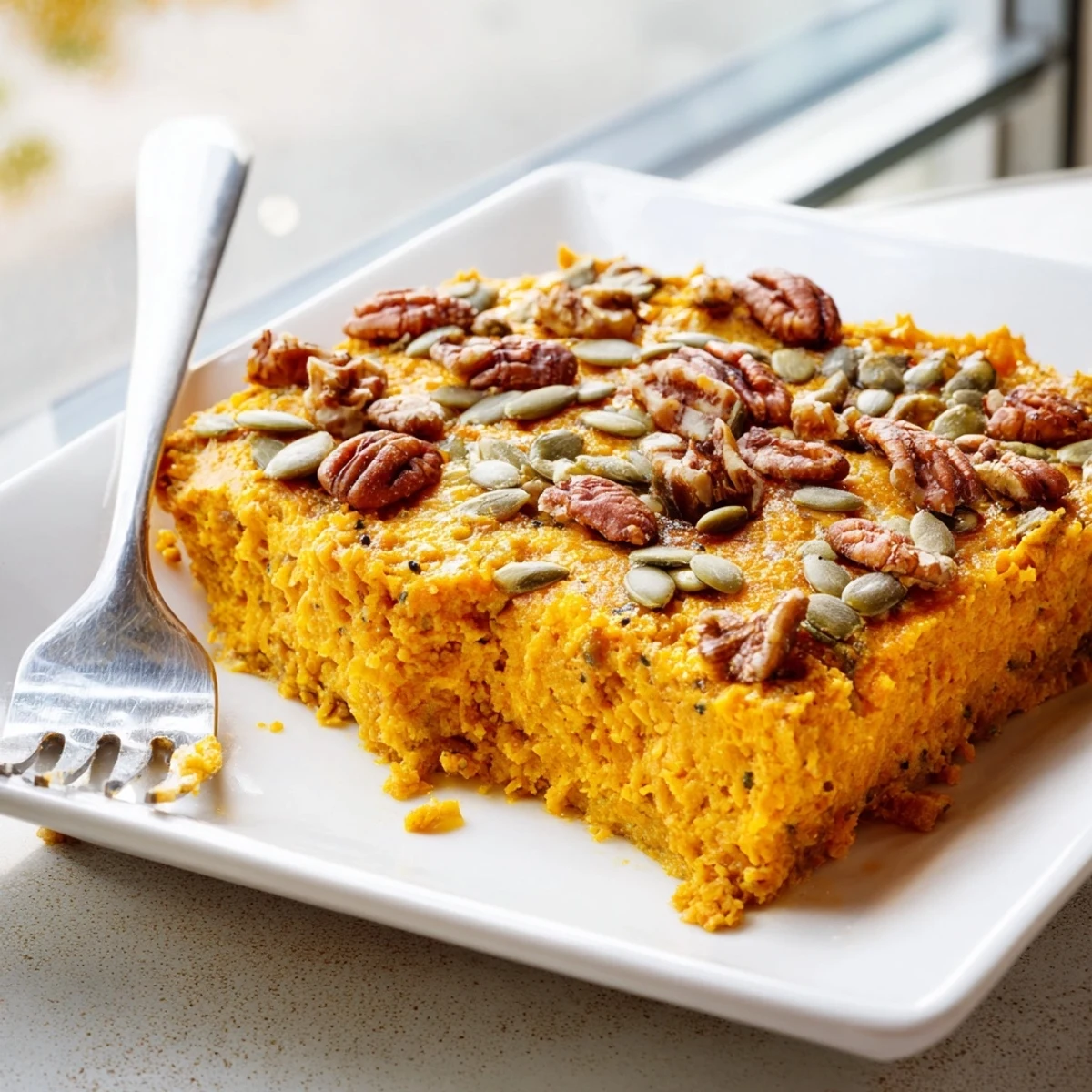 Golden high protein cottage cheese pumpkin bake sprinkled with pecans and pumpkin seeds on a square baking dish