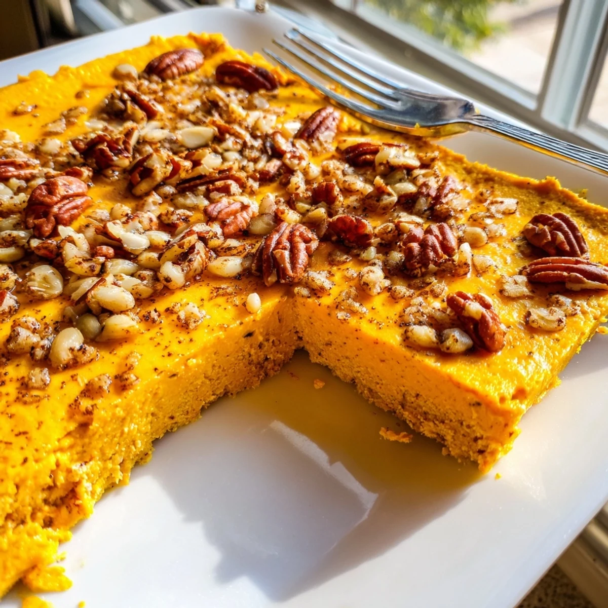 Warm gluten-free pumpkin bake topped with crunchy nuts served as a nutritious high protein breakfast