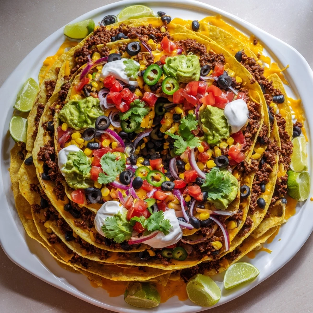 Golden Bundt pan nachos topped with melted cheddar and Monterey Jack cheese, garnished with fresh cilantro.