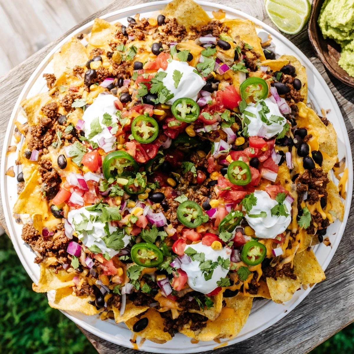 Bundt pan nachos layered with seasoned ground beef, black beans, corn, and bubbling cheese for parties.