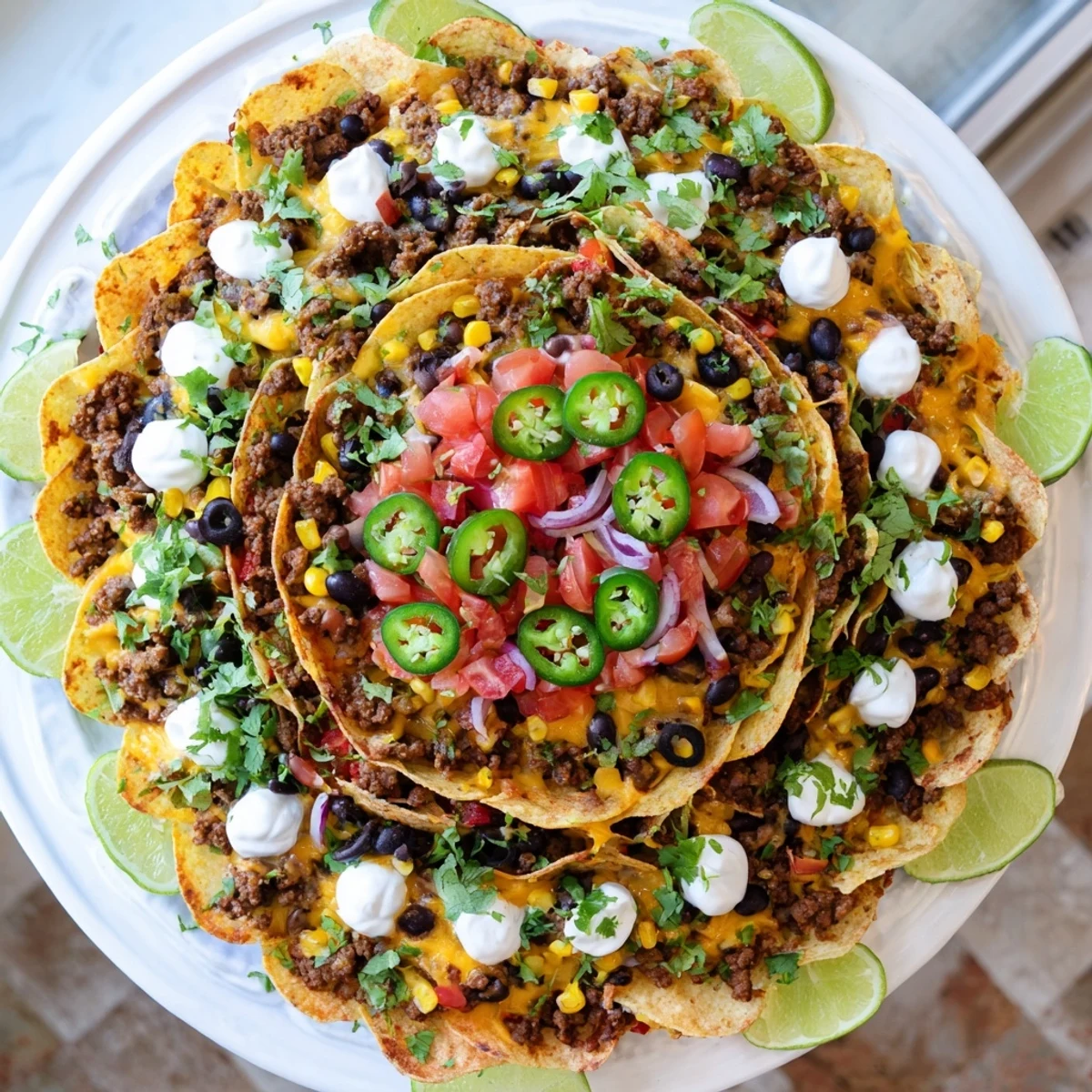 Crispy tortilla chip ring baked in bundt pan with olives, jalapeños, and melted cheese topping.