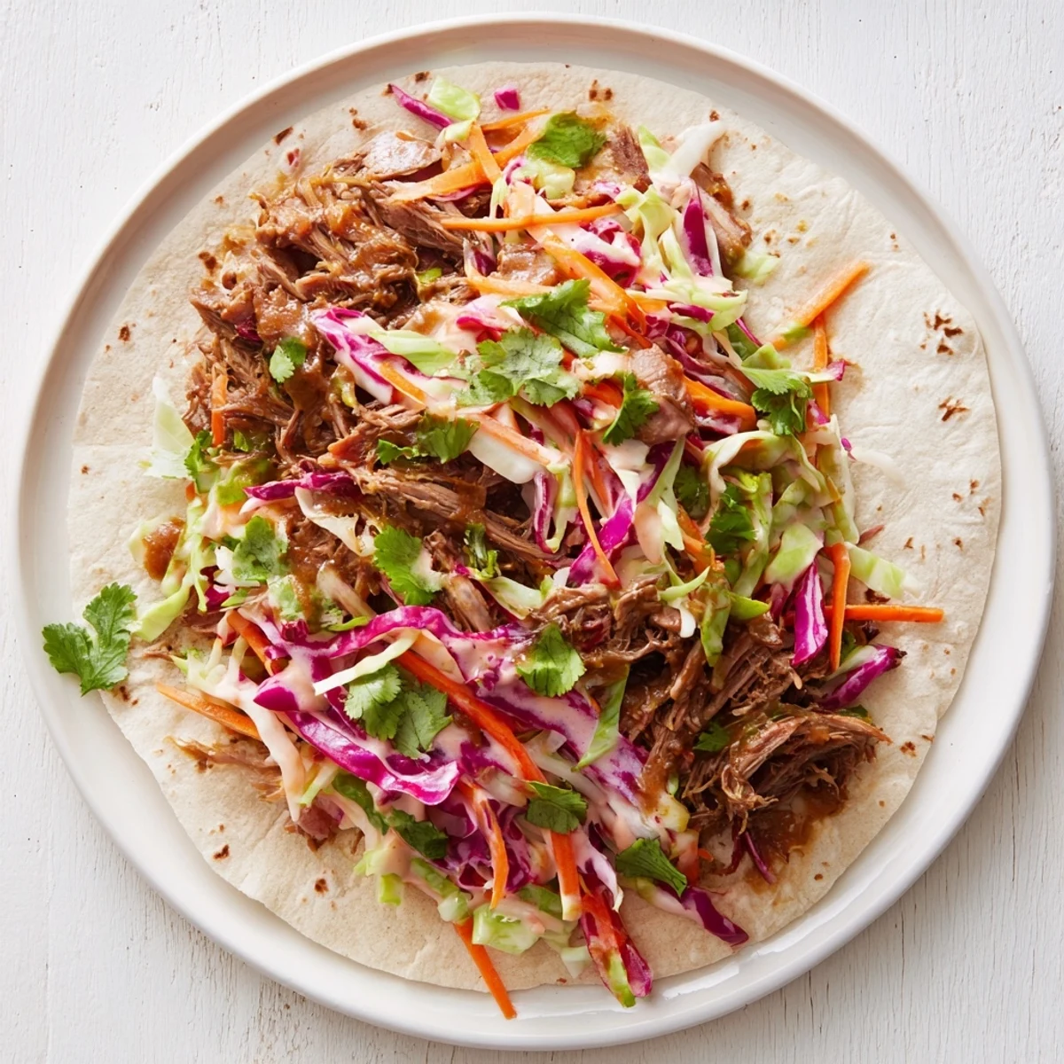 Plate of easy BBQ pulled beef slaw wraps topped with fresh cilantro and pickled jalapeños
