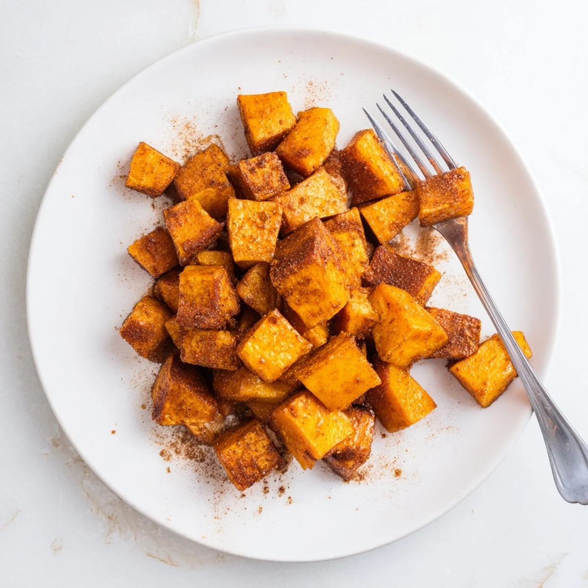 Golden brown honey cinnamon roasted sweet potato cubes with caramelized edges on a white baking sheet