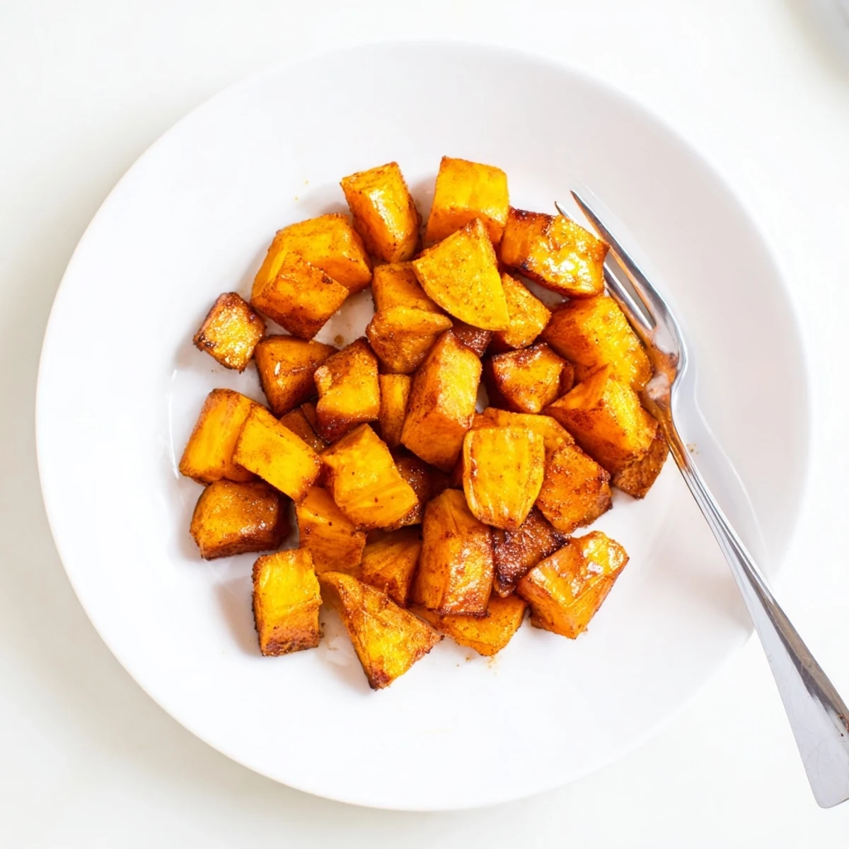 Tender roasted sweet potato cubes tossed in honey and cinnamon seasoning arranged in a single layer