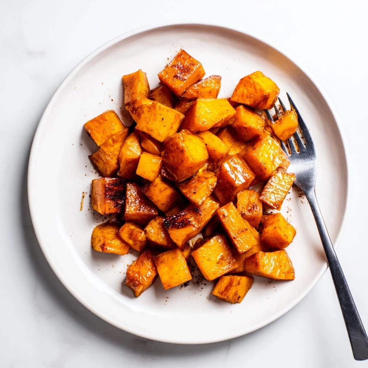 Close-up of perfectly caramelized honey cinnamon roasted sweet potato cubes garnished with ground cinnamon on parchment paper