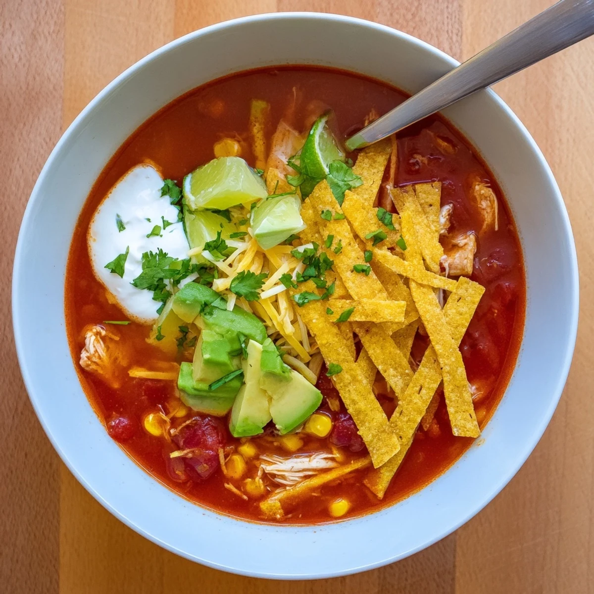 Bowl of Mexican tortilla soup topped with golden crispy tortilla strips, avocado, cheese, and fresh cilantro garnish