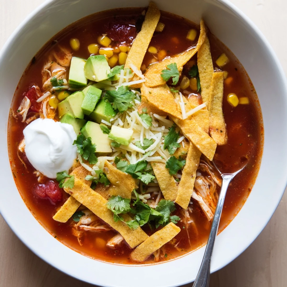 Steaming Mexican tortilla soup with shredded chicken, corn, and crunchy baked tortilla strips ready for serving