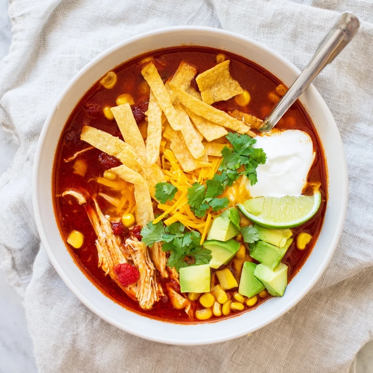 Hearty Mexican tortilla soup in a white bowl with melted cheese, diced avocado, and crispy tortilla toppings