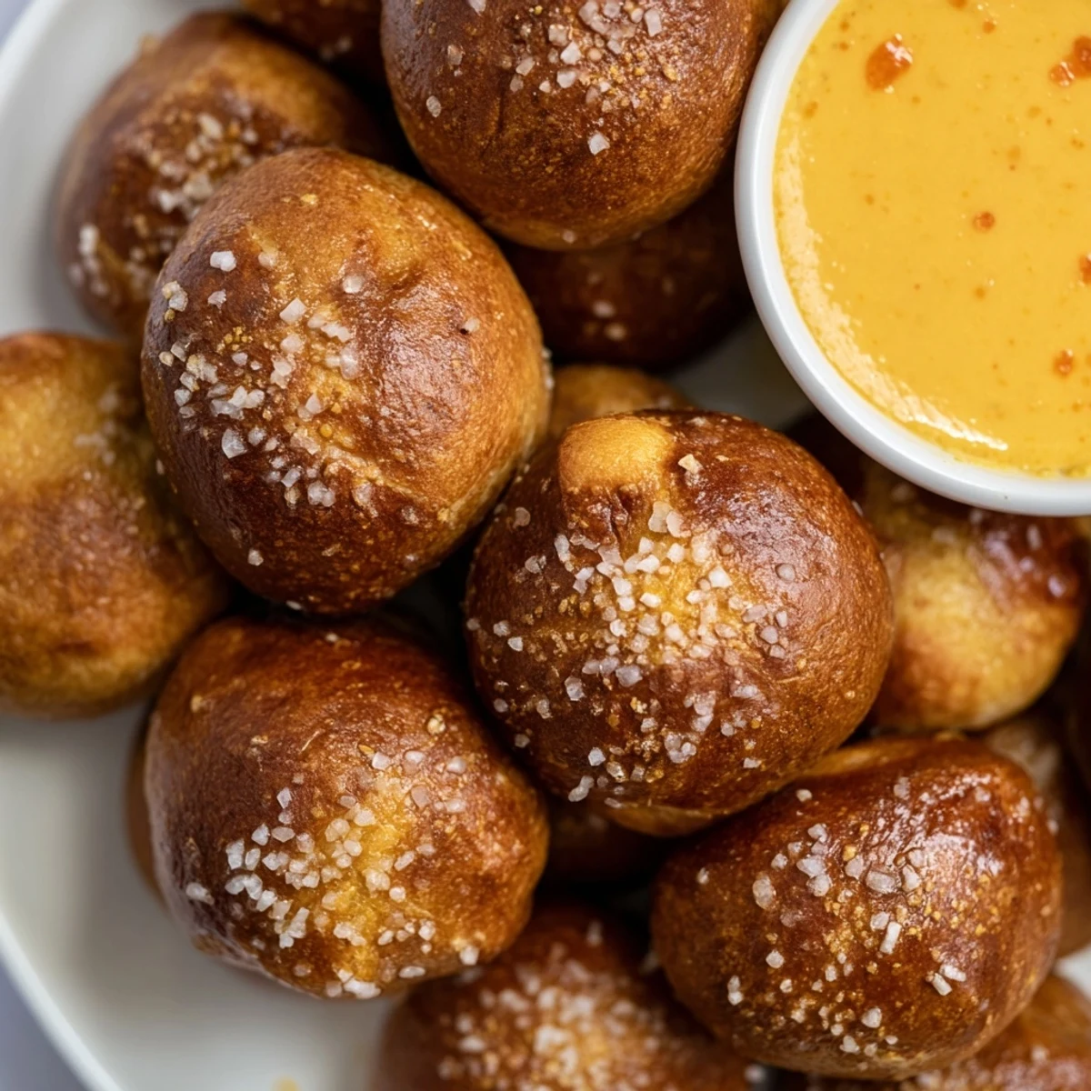 Golden brown air fryer pretzel bites served with warm zesty cheese dip for dipping