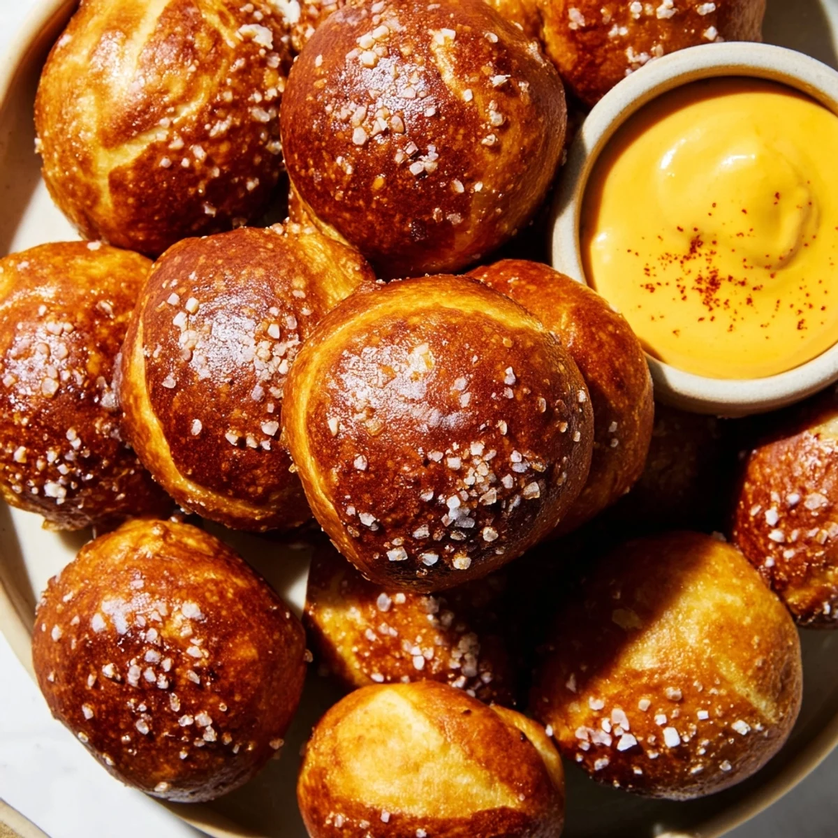 Soft chewy pretzel bread bites sprinkled with coarse salt alongside creamy cheddar cheese sauce