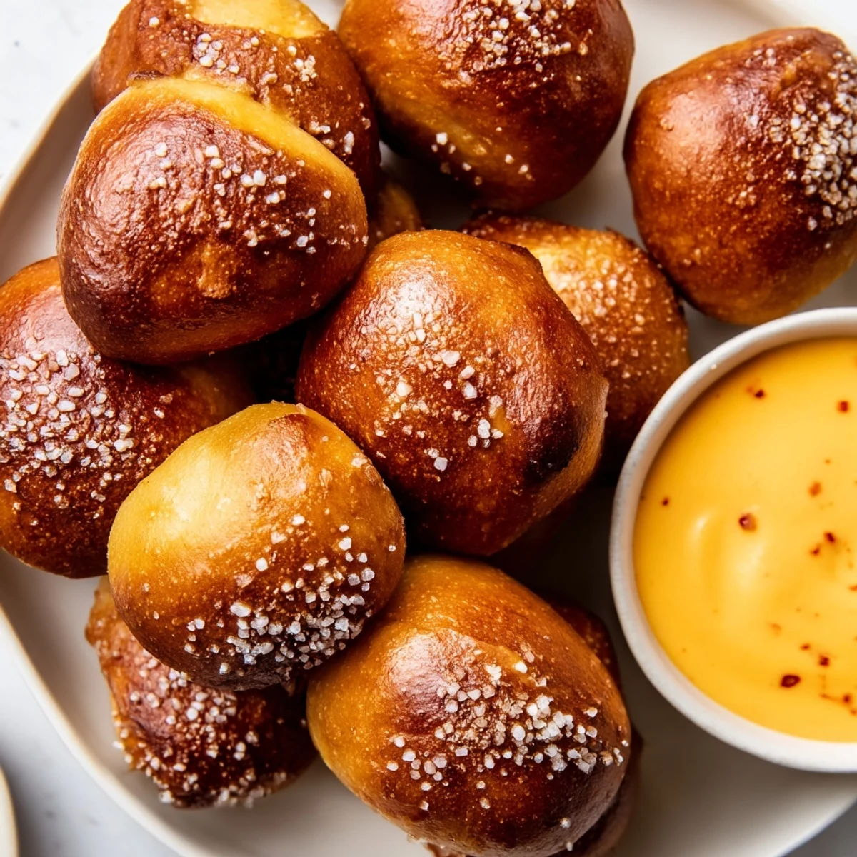Crispy pretzel bites arranged on a platter with rich spicy cheese dip for parties