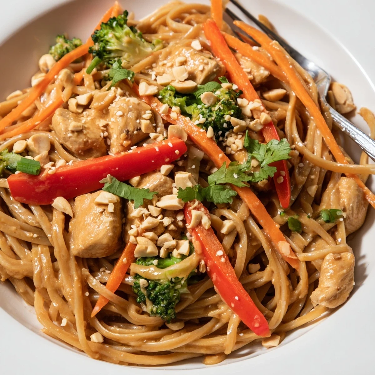 Meal prep container filled with peanut chicken noodles, colorful vegetables, and creamy peanut sauce garnished with crushed peanuts and fresh cilantro