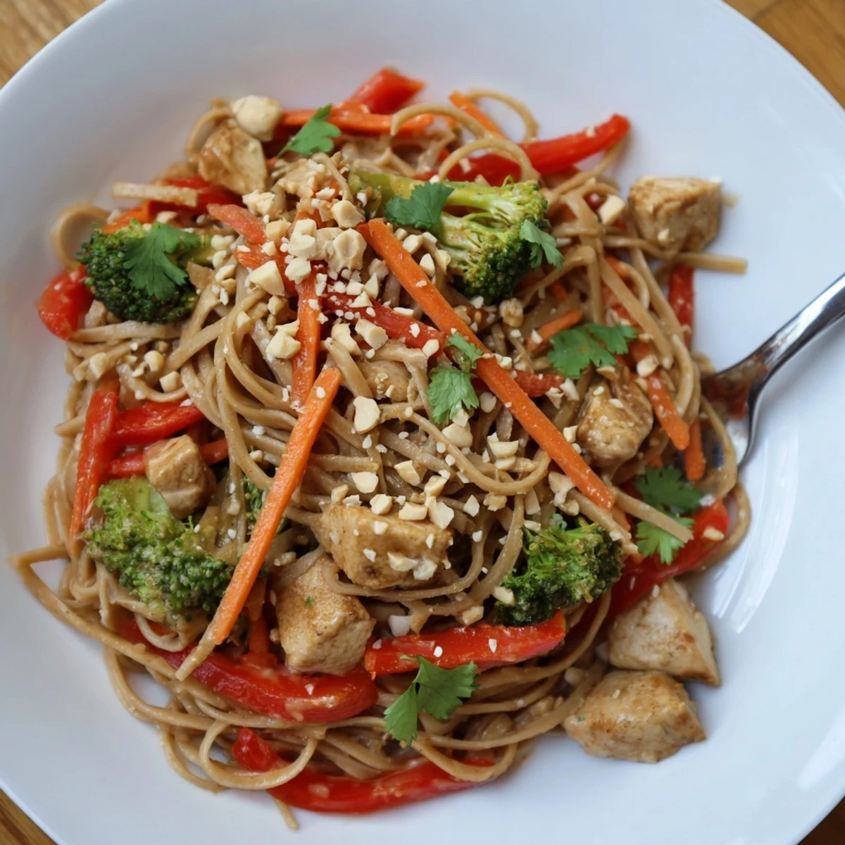 Close-up of savory peanut chicken noodle meal prep featuring tender chicken pieces, crisp bell peppers, broccoli, and carrots coated in rich peanut sauce