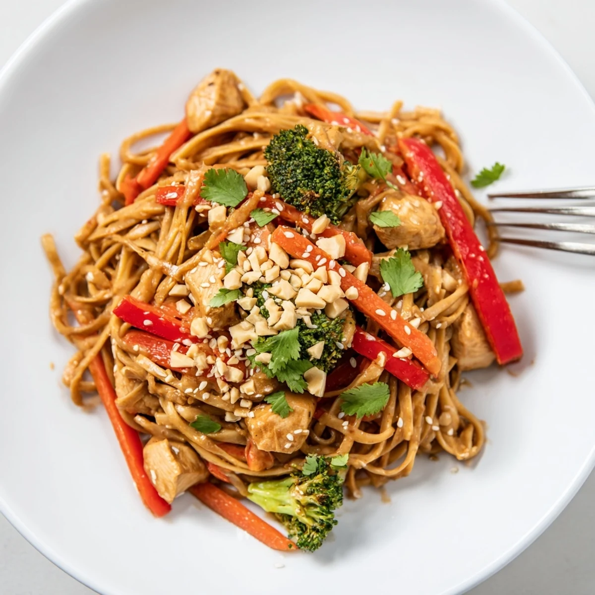 Healthy peanut chicken noodle meal prep bowls topped with sesame seeds, chopped peanuts, and cilantro for easy weekday lunches