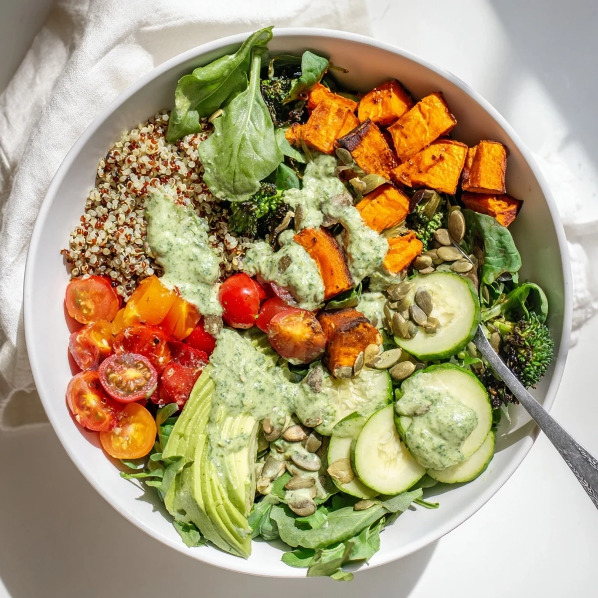 Colorful grain bowl featuring roasted broccoli, crisp greens, and pumpkin seeds topped with creamy herb dressing in this healthy green goddess veggie bowl