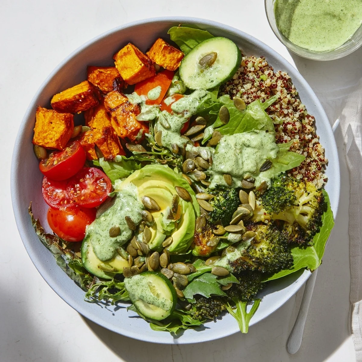 Golden roasted sweet potato and cauliflower piled over fluffy quinoa in a healthy green goddess veggie bowl with fresh avocado and cucumber slices