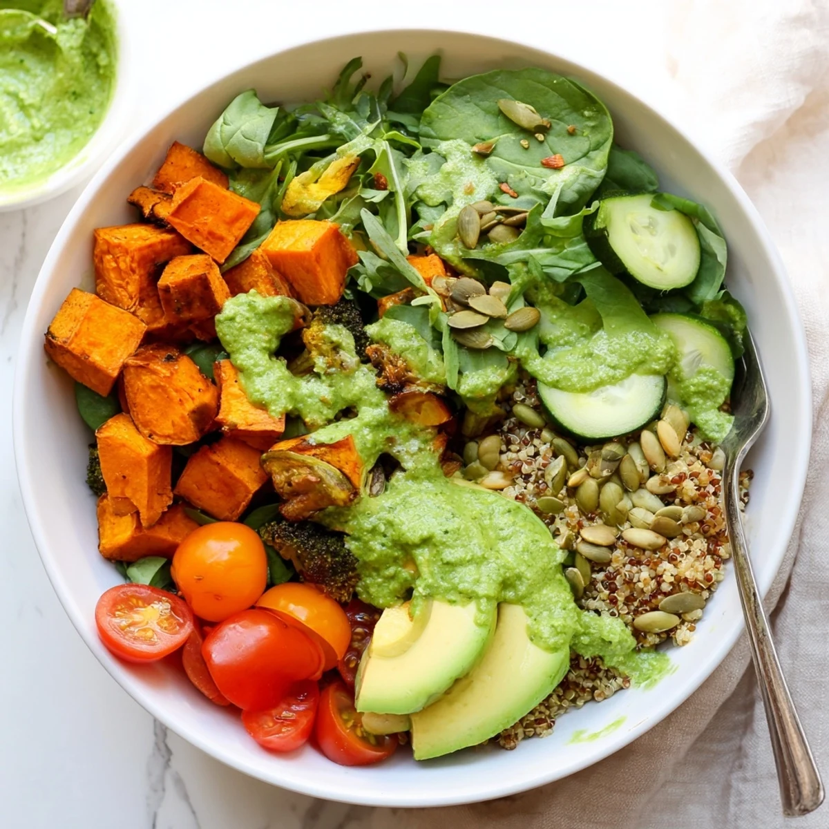 Vibrant layered bowl with fluffy quinoa, roasted vegetables, and fresh arugula drizzled with tangy green goddess dressing for a healthy green goddess veggie bowl