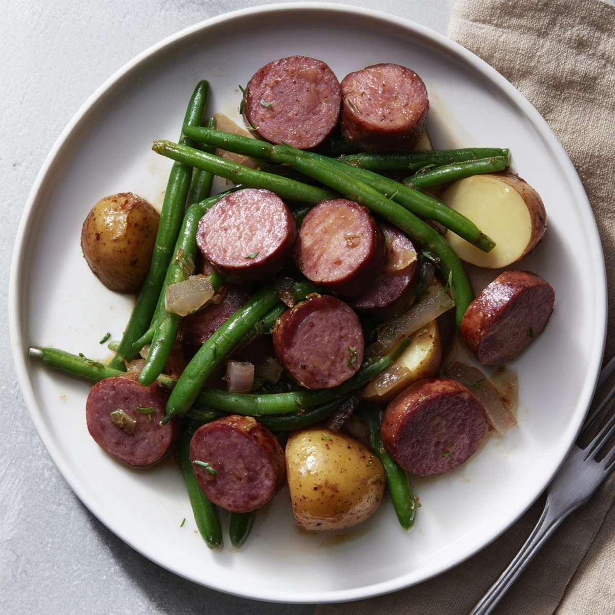 Comforting Crockpot Kielbasa and Green Beans one-pot meal showcasing golden potatoes and green beans with savory seasonings