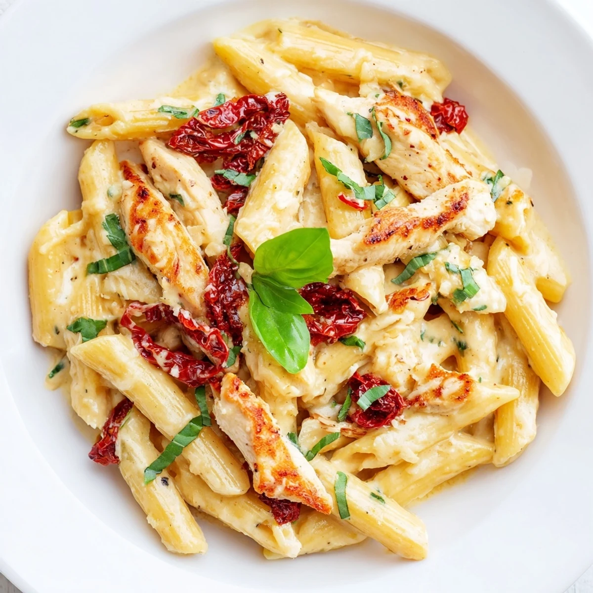 Golden sliced chicken tossed with penne pasta in a luscious white cream sauce dotted with vibrant sun-dried tomatoes