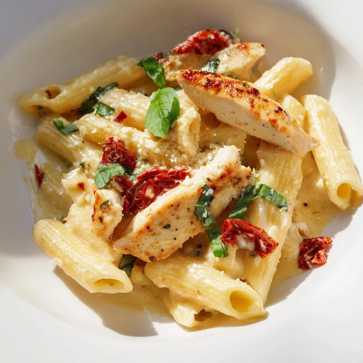 Heaping bowl of Marry Me Chicken Pasta garnished with fresh basil and extra grated parmesan cheese on top