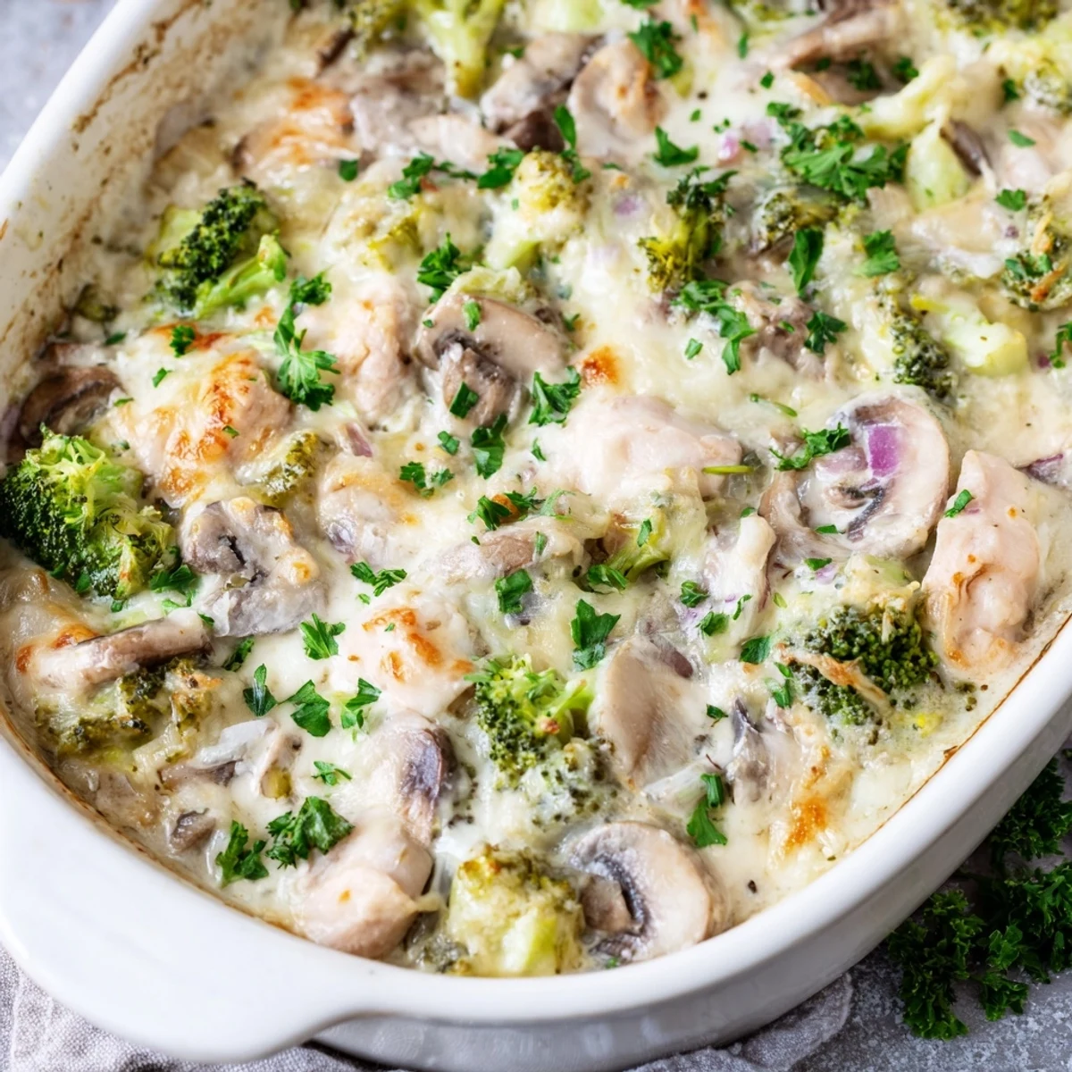 Golden bubbly low carb chicken casserole featuring tender chunks and melted mozzarella topping