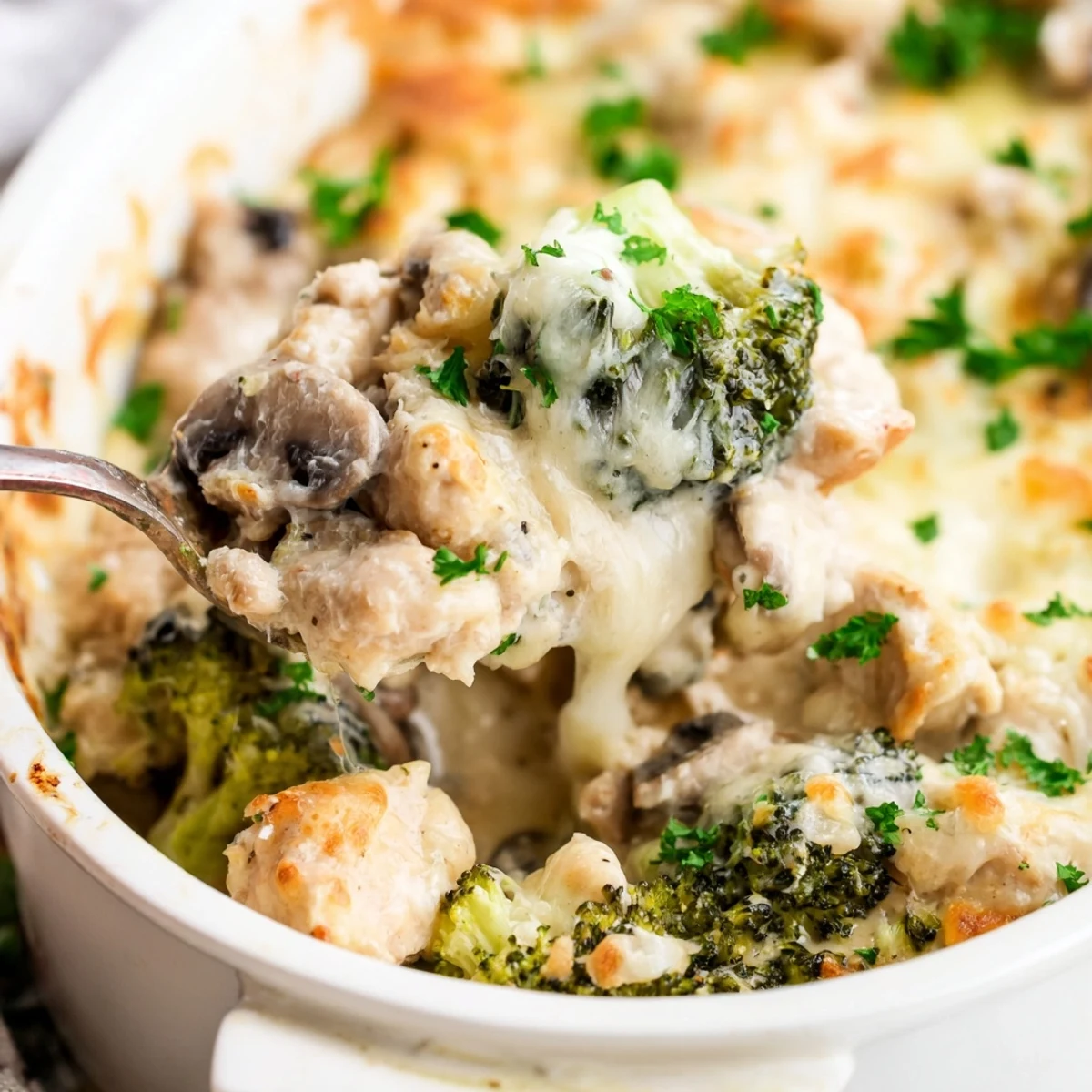 Sizzling low carb chicken casserole with fresh parsley garnish on a white serving dish