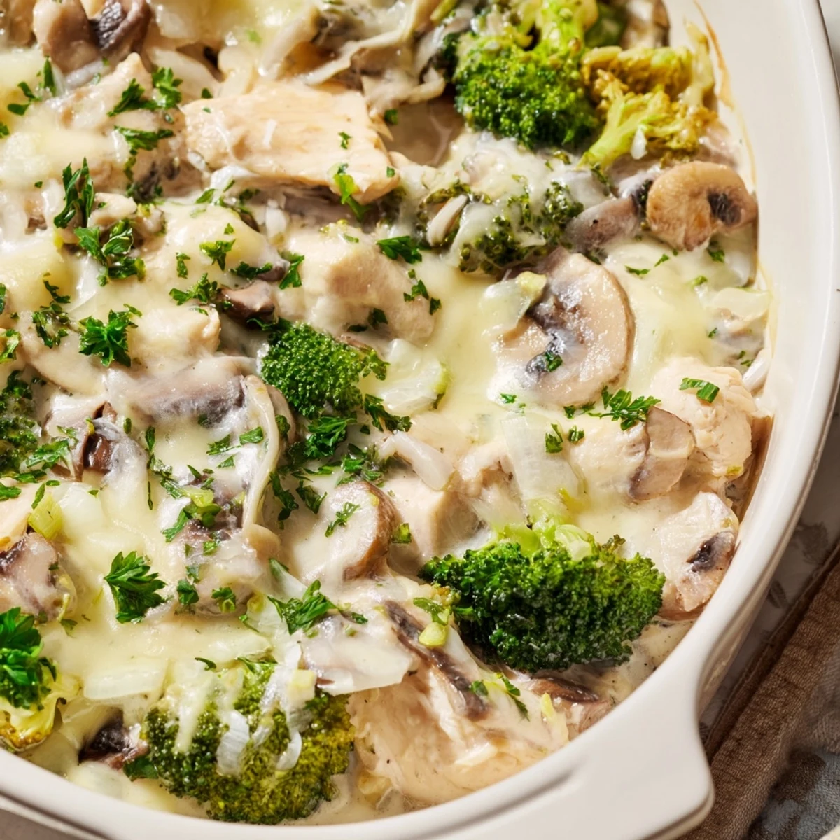 Creamy low carb chicken casserole baked until golden with broccoli and rich cheese sauce