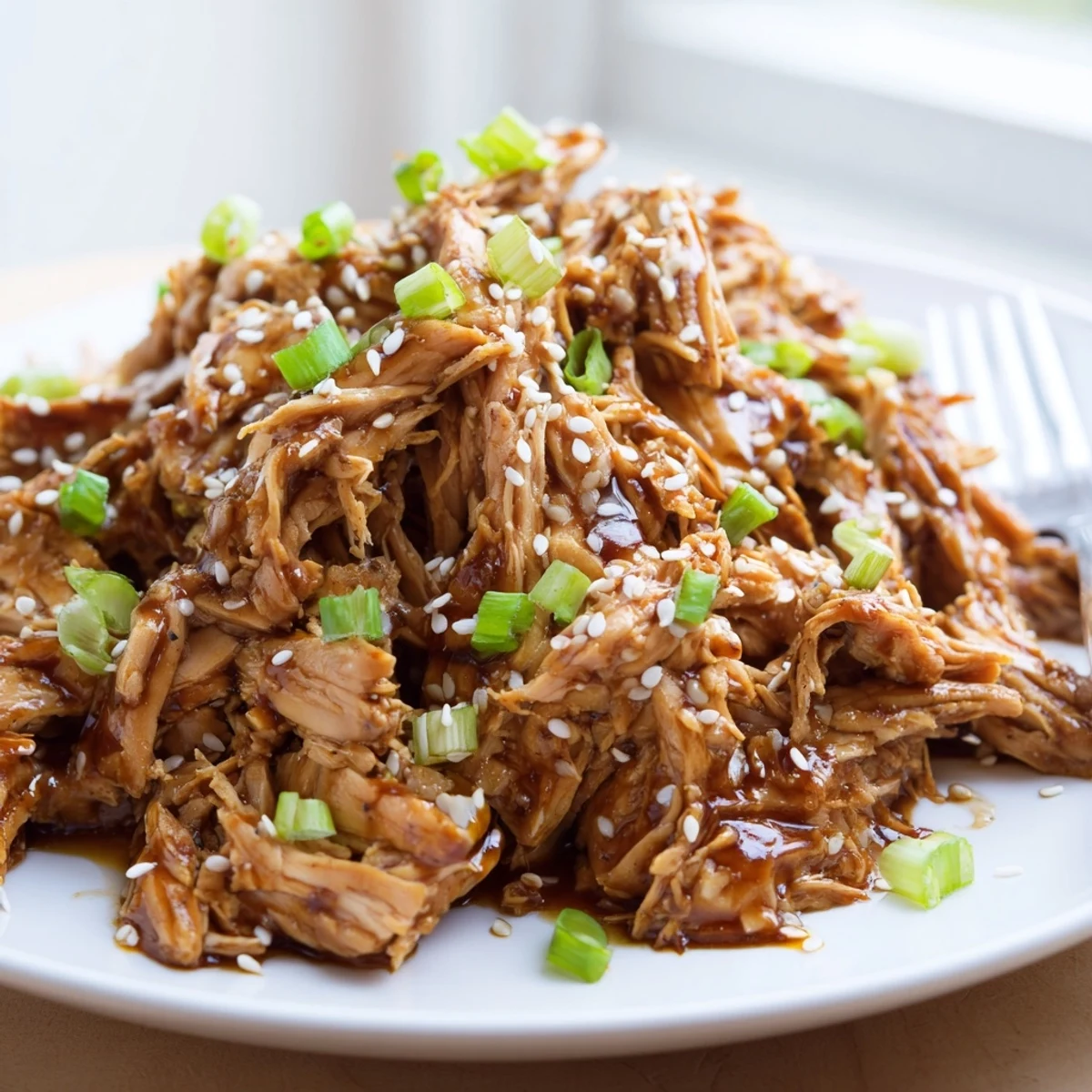 Slow cooker chicken pieces swimming in thick homemade teriyaki sauce with sesame garnish
