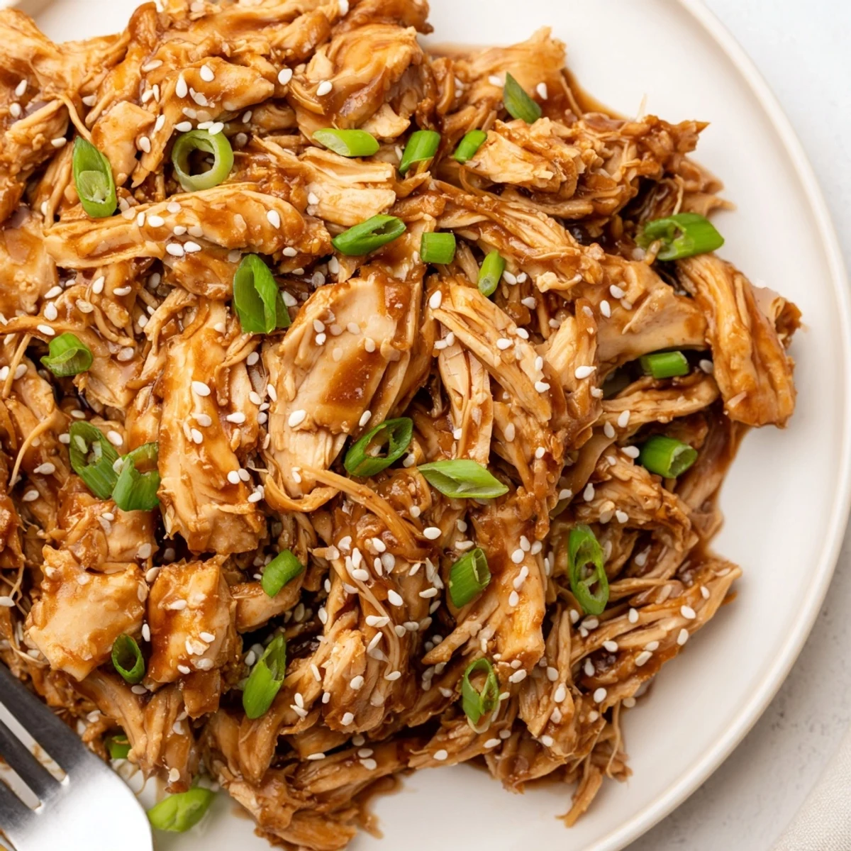 Tender shredded Crockpot Teriyaki Chicken coated in glossy sweet and savory glaze