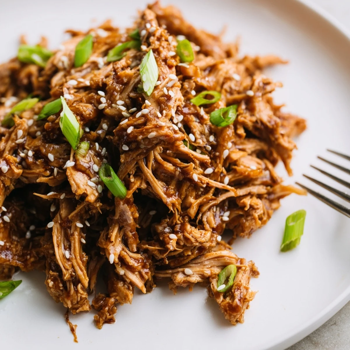 Succulent shredded Crockpot Teriyaki Chicken served over white rice with green onions
