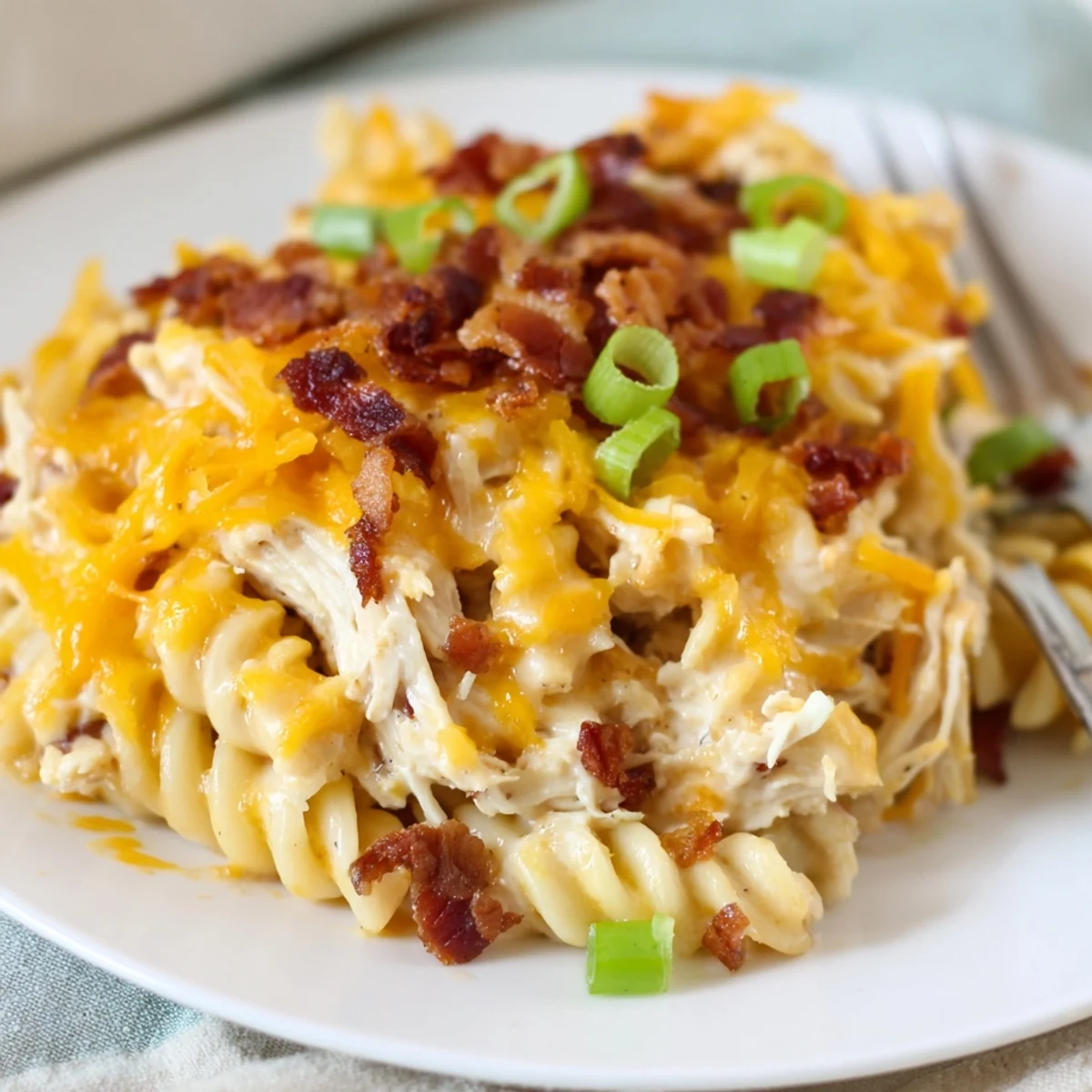 Creamy Crock Pot crack chicken casserole topped with melted cheddar and crispy bacon bits