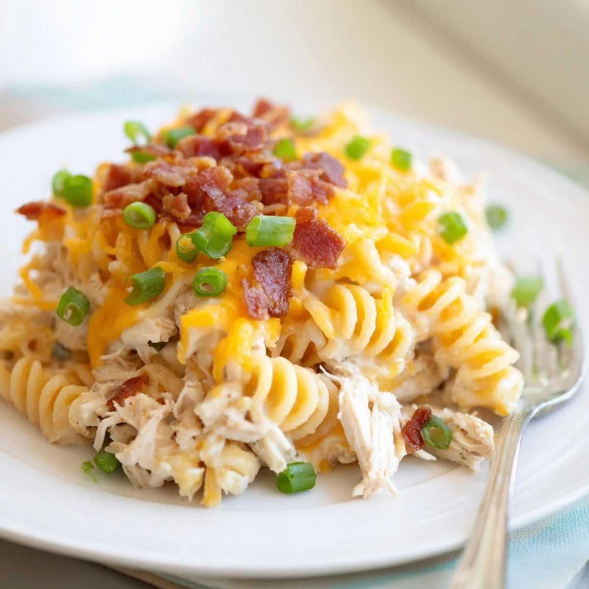 Slow cooker crack chicken casserole with tender pasta, ranch seasoned chicken, and cheesy sauce